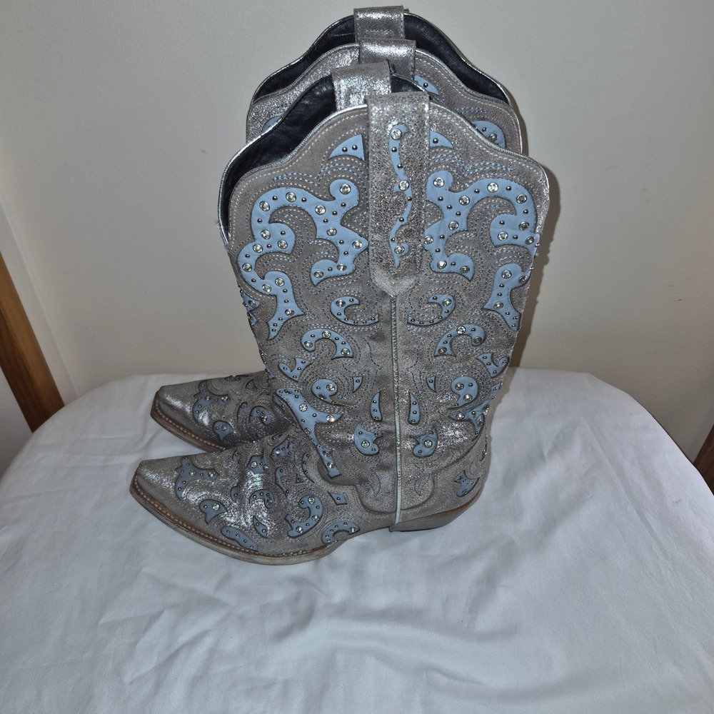 JB Dillon Women Silver Blue Rhinestone Studded Western Cowboy Boots JBR04010 11B